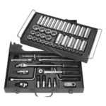 Facom metric 12-point 1/2 socket set in a black toolbox with various tools and accessories.