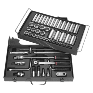 Facom metric 12-point 1/2 socket set in a black toolbox with various tools and accessories.