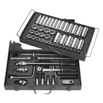 Facom metric 12-point 1/2 socket set in a black toolbox with various tools and accessories.