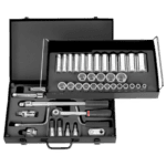 Facom 1/2 inch drive socket set with various sockets and tools in a black case for professional mechanics.