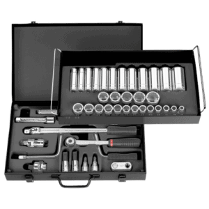 Facom 1/2 inch drive socket set with various sockets and tools in a black case for professional mechanics.