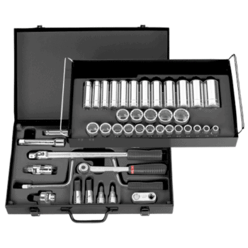 Facom 1/2 inch drive socket set with various sockets and tools in a black case for professional mechanics.