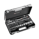 Facom 48-piece 1/2 inch metric 12-point sockets set in a black case with ratchet and accessories for automotive repair.