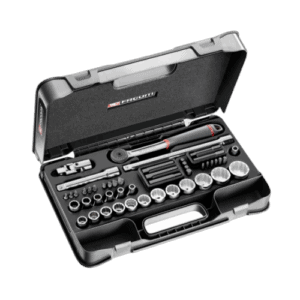 Facom 48-piece 1/2 inch metric 12-point sockets set in a black case with ratchet and accessories for automotive repair.