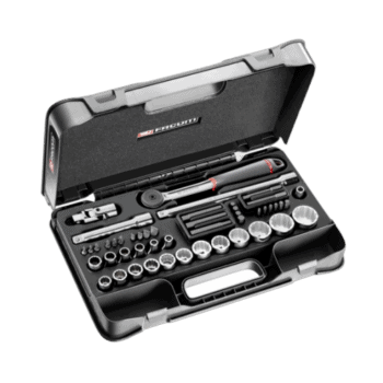 Facom 48-piece 1/2 inch metric 12-point sockets set in a black case with ratchet and accessories for automotive repair.