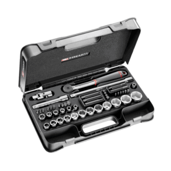 Facom 48-piece 1/2 inch metric 6-point sockets set in a black plastic case for automotive and mechanical use.