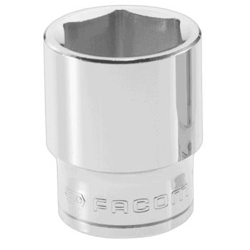 Facom 1/2 inch metric 6-point socket in polished chrome finish, designed for automotive and mechanical use.