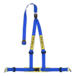 Blue Sabelt racing harness with yellow branding for Grand Prix racewear safety equipment.