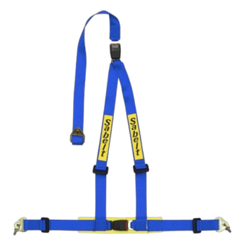 Blue Sabelt racing harness with yellow branding for Grand Prix racewear safety equipment.