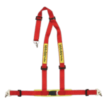 Red Sabelt racing harness with yellow branding for Grand Prix Racewear safety equipment.