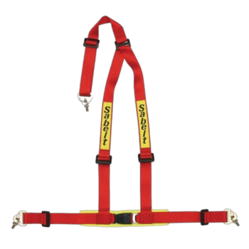 Red Sabelt racing harness with yellow branding for Grand Prix Racewear safety equipment.
