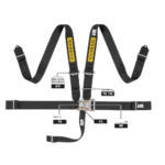 Sabelt racing harness with adjustable straps and metal buckle, designed for motorsport safety and compliance with SFI 16.1 standards.