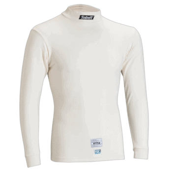 White racing balaclava from Grand Prix Racewear with Sabelt branding, designed for motorsport safety and comfort.
