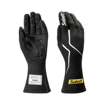 Sabelt racing gloves designed for motorsport safety and performance, featuring black material with white accents and branding.