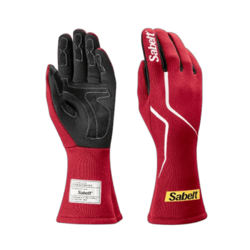 Sabelt racing gloves in red and black with protective padding, designed for motorsport safety and performance.