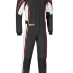 Grand Prix Racewear racing suit in black, white, and red with protective padding, ideal for motorsport drivers and enthusiasts.