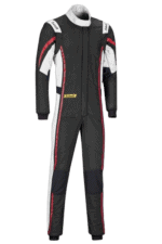 Grand Prix Racewear racing suit in black, white, and red with protective padding, ideal for motorsport drivers and enthusiasts.