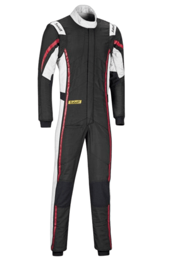 Grand Prix Racewear racing suit in black, white, and red with protective padding, ideal for motorsport drivers and enthusiasts.