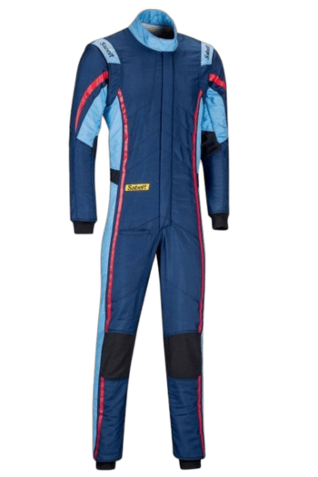 Grand Prix Racewear racing suit in blue with red and black accents, designed for professional motorsport drivers.