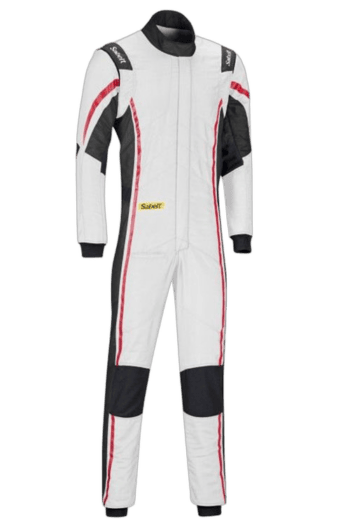 Grand Prix Racewear racing suit in white, black, and red with Sabelt branding, designed for motorsport safety and performance.