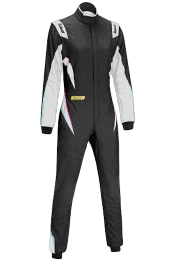 Grand Prix Racewear racing suit in black and white with pink accents, designed for motorsport safety and performance.