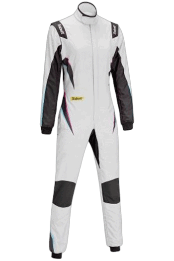 Grand Prix Racewear racing suit in white and black with yellow accents, designed for motorsport safety and performance.