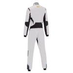 Grand Prix Racewear racing suit in white with black and blue accents, designed for motorsport safety and performance.