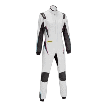 Grand Prix Racewear racing suit in white with black and coloured accents, designed for motorsport safety and performance.