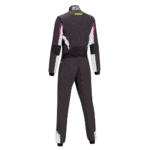 Grand Prix Racewear racing suit in black with pink and white accents, designed for motorsport safety and performance.