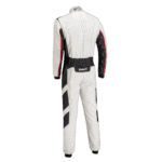 Grand Prix Racewear racing suit in white, black, and red with Salberti branding, designed for motorsport safety and performance.