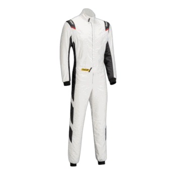 Grand Prix Racewear racing suit in white with black and red accents, designed for motorsport safety and performance.