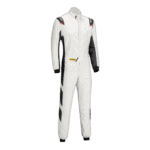 Grand Prix Racewear racing suit in white with black and red accents, designed for motorsport safety and performance.