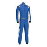 Blue racing suit with white and red accents from Grand Prix Racewear, designed for motorsport safety and performance.