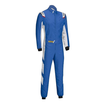 Blue racing suit with white and red accents from Grand Prix Racewear, designed for motorsport safety and performance.