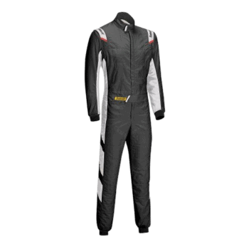 Grand Prix Racewear racing suit in black, white, and red with protective padding, designed for motorsport drivers.