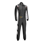 Grand Prix Racewear racing suit in black, white, and red with protective padding and branding, designed for motorsport drivers.