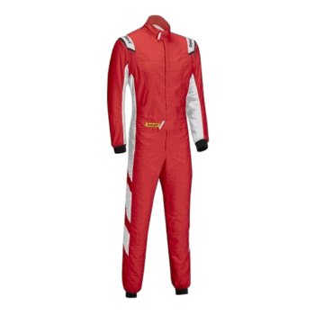 Red and white Grand Prix racing suit from GPR Direct, designed for professional motorsport drivers.