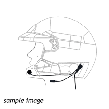 Line drawing of a racing helmet with integrated communication system, showing internal components and wiring.