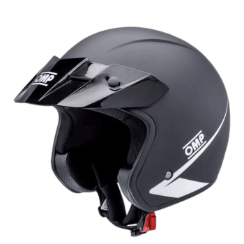 Black OMP racing helmet with visor and aerodynamic design, suitable for motorsport safety and performance.
