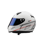 High-quality white racing helmet with blue visor and aerodynamic design, ideal for motorsport safety and performance.