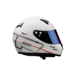 High-quality white Grand Prix racing helmet with aerodynamic design and tinted visor, ideal for professional motorsport drivers.
