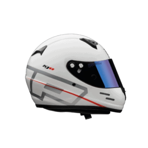 High-quality white Grand Prix racing helmet with aerodynamic design and tinted visor, ideal for professional motorsport drivers.