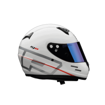 High-quality white Grand Prix racing helmet with aerodynamic design and tinted visor, ideal for professional motorsport drivers.