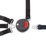 Race car safety harness with a retractable lanyard and quick-release clips, designed for motorsport safety gear from Grand Prix Racewear.