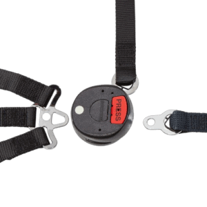 Race car safety harness with a retractable lanyard and quick-release clips, designed for motorsport safety gear from Grand Prix Racewear.