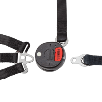 Race car safety harness with a retractable lanyard and quick-release clips, designed for motorsport safety gear from Grand Prix Racewear.