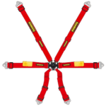 Grand Prix Racewear racing harness with five red straps and yellow labels, used for driver safety in motorsport events.
