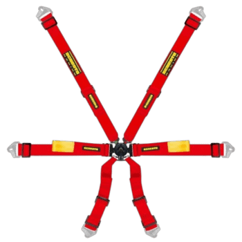 Grand Prix Racewear racing harness with red straps and yellow safety labels for motorsport safety.