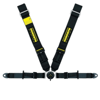 Grand Prix Racewear racing harness with black straps and yellow branding for motorsport safety.