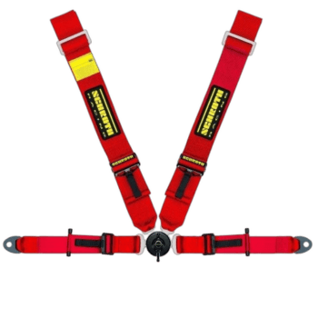 Grand Prix Racewear racing harness in red with yellow and black branding, designed for motorsport safety and security.